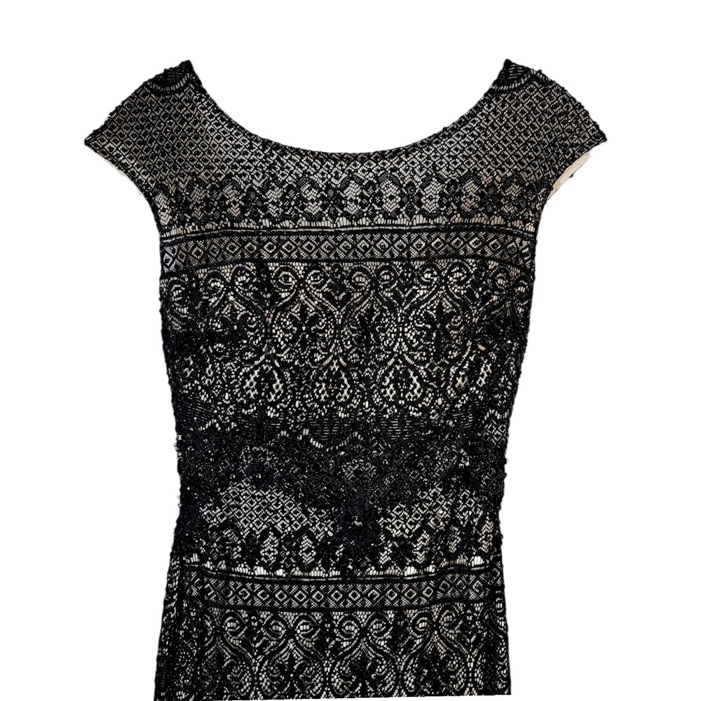Tony Bowls Black Beaded Lace Sheer Illusion Floor Length Gown - Picture 5 of 11